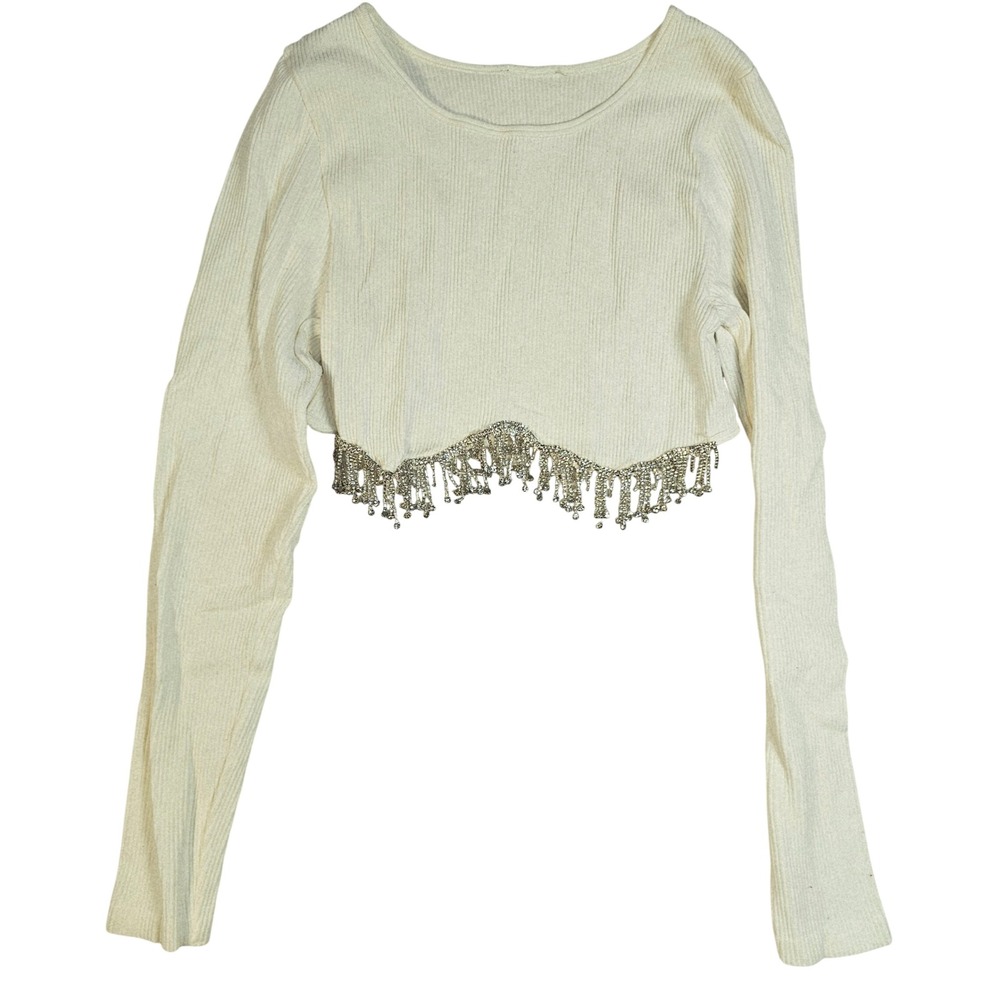 Cream Ribbed Long Sleeve Crop Top with Rhinestone Fringe Scalloped Hem